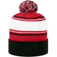 thumbnail image 2 of Brand New Collegiate Men's Wisconsin Striped Cuffed Knit Winter Pom Beanie Hat, 100% Cotton, Embroidered Logos, Official School Colors, 2 of 2
