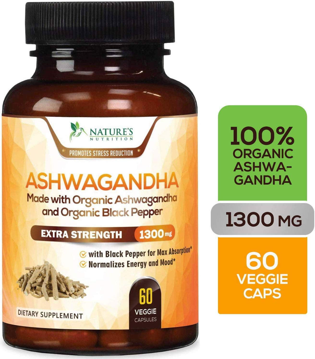 Nature's Nutrition Ashwagandha Root Powder, 1300mg, 60 Capsules