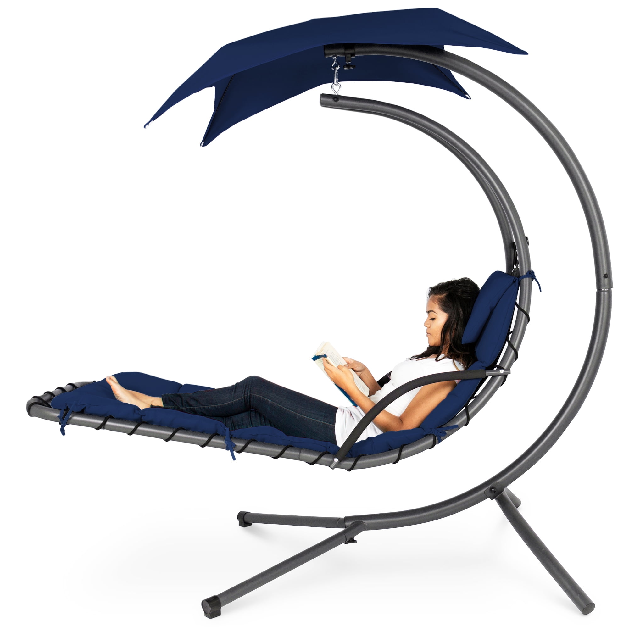 Best Choice Products Hanging Curved Chaise Lounge Chair Swing for Backyard, Patio w/ Pillow, Canopy, Stand - Navy Blue