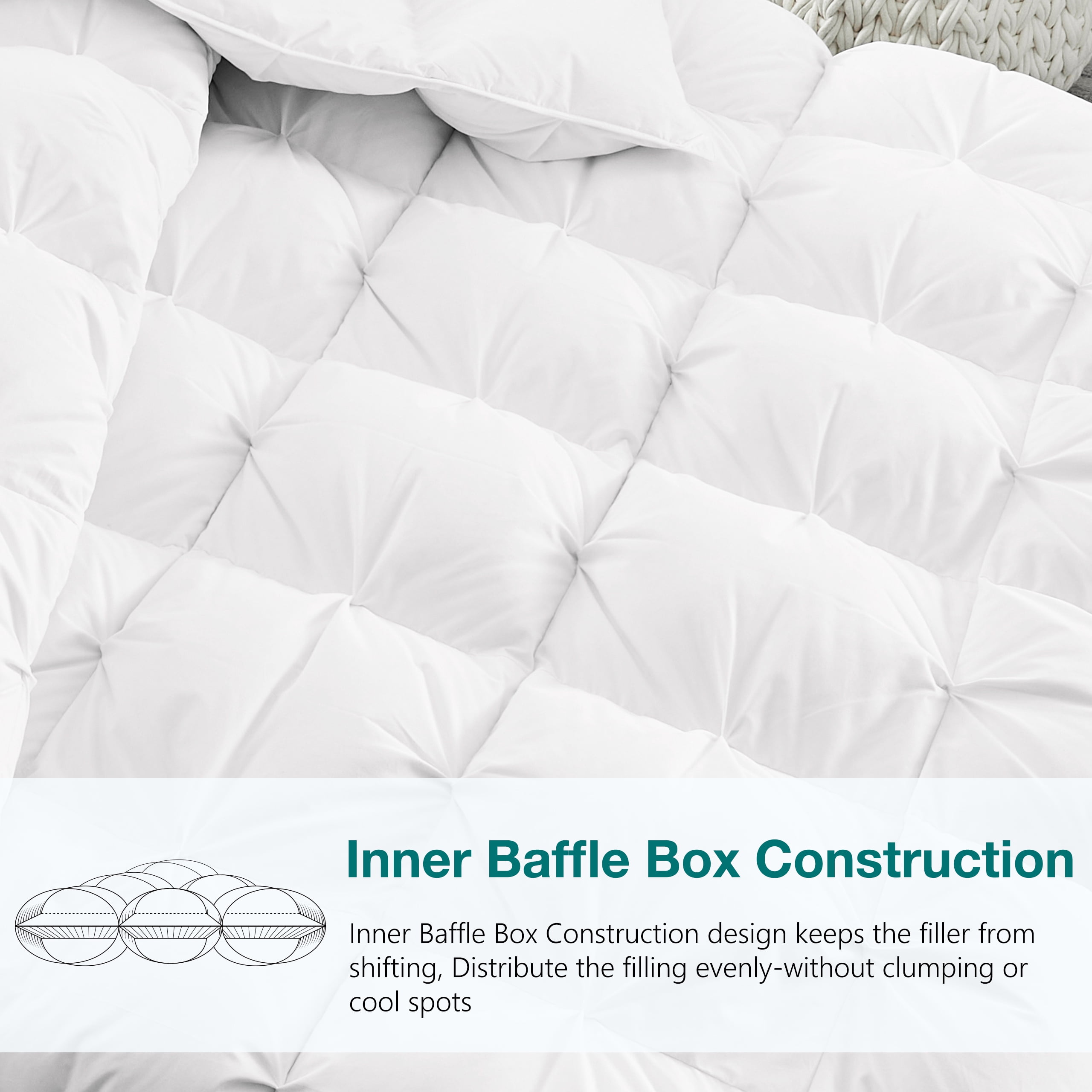 Pinch Pleat Goose Down Comforter All Season-Ultra Soft and Cozy Noiseless Duvet Insert with Egyptian Cotton Cover, Fluffy Warm Comforter