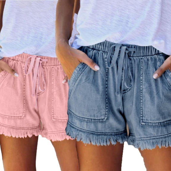 LYMAYTER Women Denim Shorts Elastic Drawstring Jean Shorts for XS-3XL Loose Fringe Border Female Jean Shorts