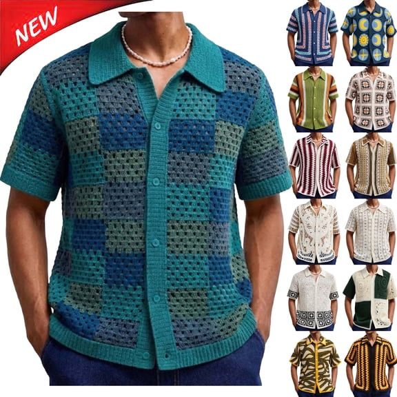 Tqyyweavej Men's Knit Shirts Crochet Striped Summer Short Sleeve Sweater Botton Down Lapel Collar Color Block Tops Size M to 3XL