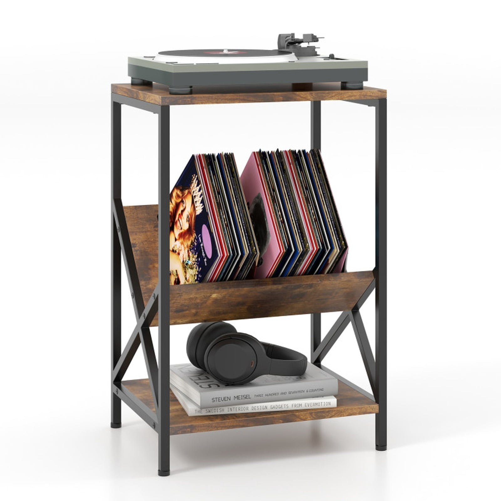 Furnibear 3-Tier Industrial Side Table with V-shaped Bookshelf for Living Room for Living Room Bedroom Sofa Side Nightstand Small Spaces, Rustic Brown