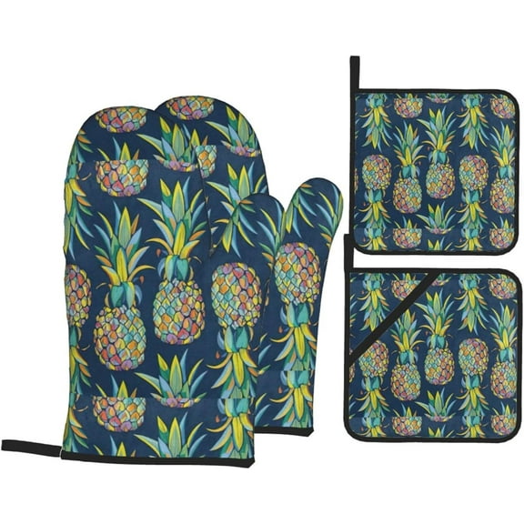 Tropical Fruit Pineapple Print Oven Gloves, Kitchen Baking Four Piece Set, Heat-Resistant and Heat-Insulating Gloves