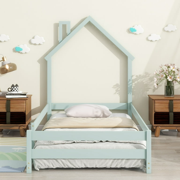 Floor Bed Twin Size Montessori Bed with House Shape Headboard and Railings Wood House Bed with Slats for Boys Girls Low to Ground Height No Box