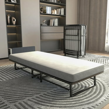 IMKHK 75x30 Folding Bed with Mattress, Portable Roll Away Adult Bed on Wheels for Guests with 4 Wheels, 4-inch Thick Memory Foam Mattress, Space Saving Fold Up Bed for Easy Storage, Black