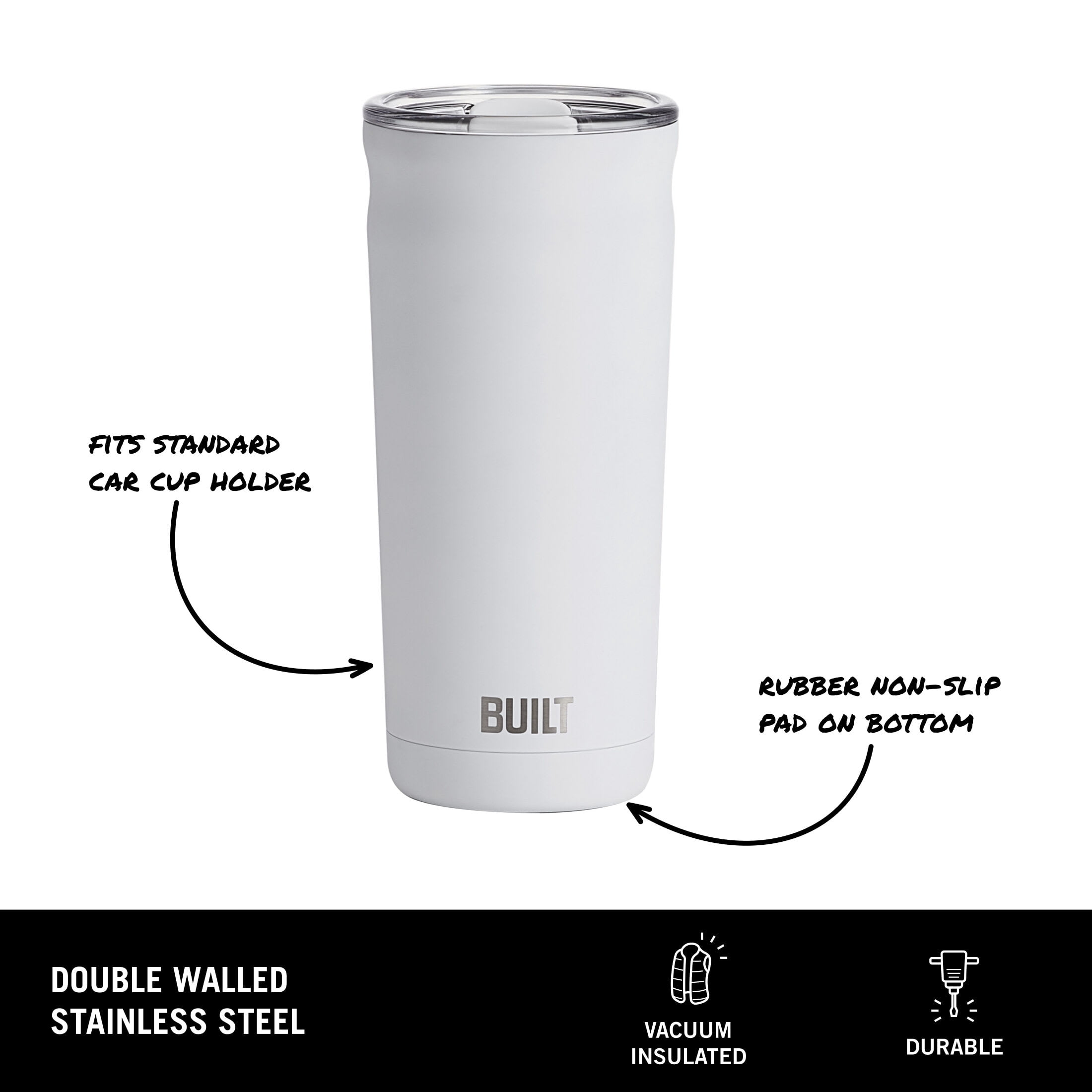 BUILT Torrent 20 fl oz Double-Wall Insulated Tumbler with Slider Lid, White