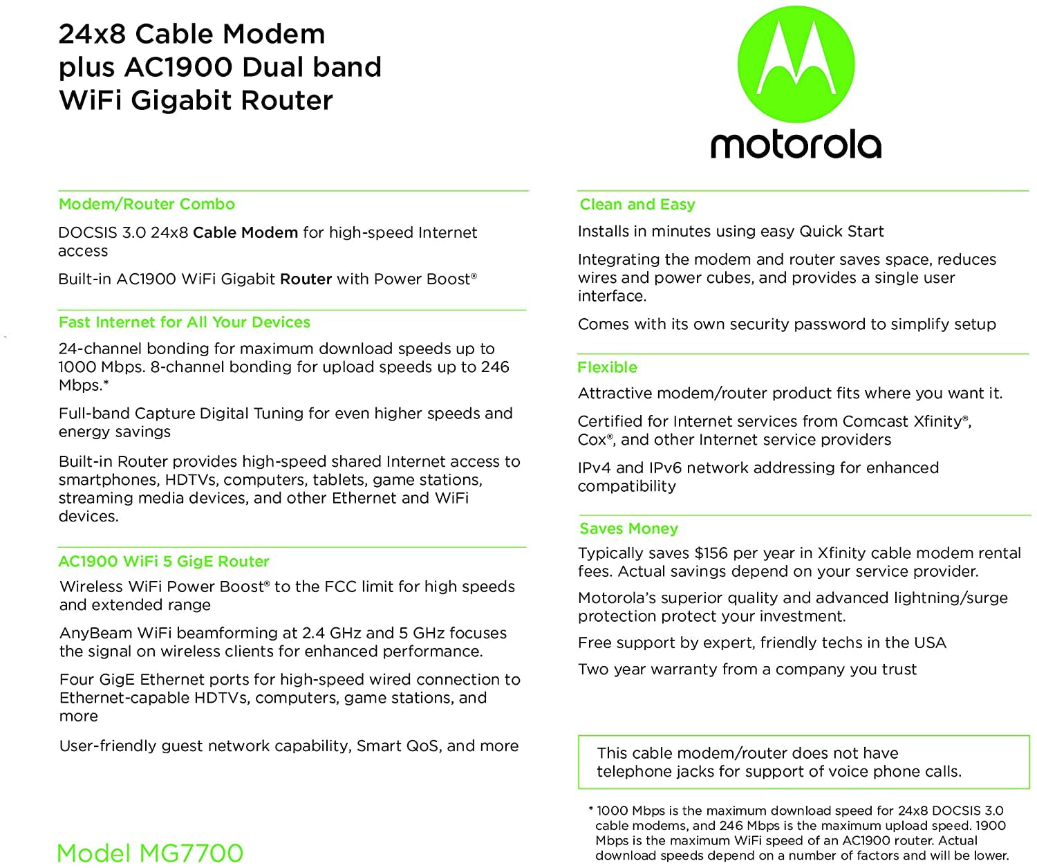 Motorola MG7700 Modem with AC1900 Dual Band 1000 Mbps Wi-Fi Gigabit Router with Power Boost