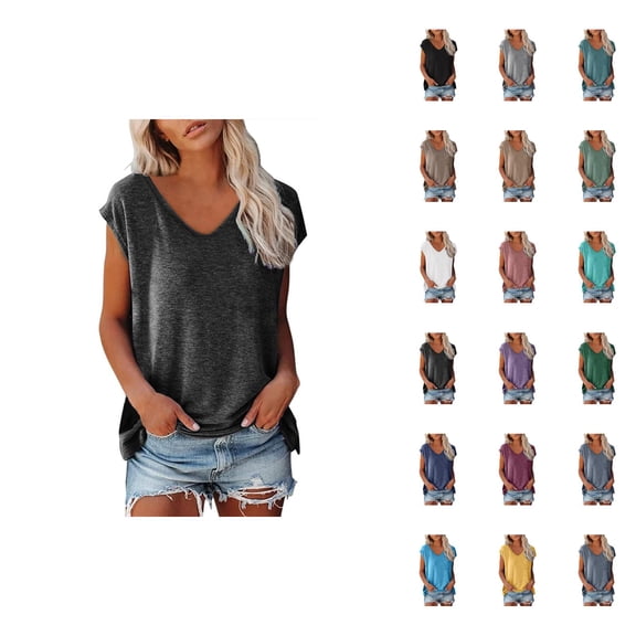 T Shirts for Women 2025 Summer Short Cap Sleeve V Neck Loose Fit Casual Plain Basic Tshirt Womens T Shirts