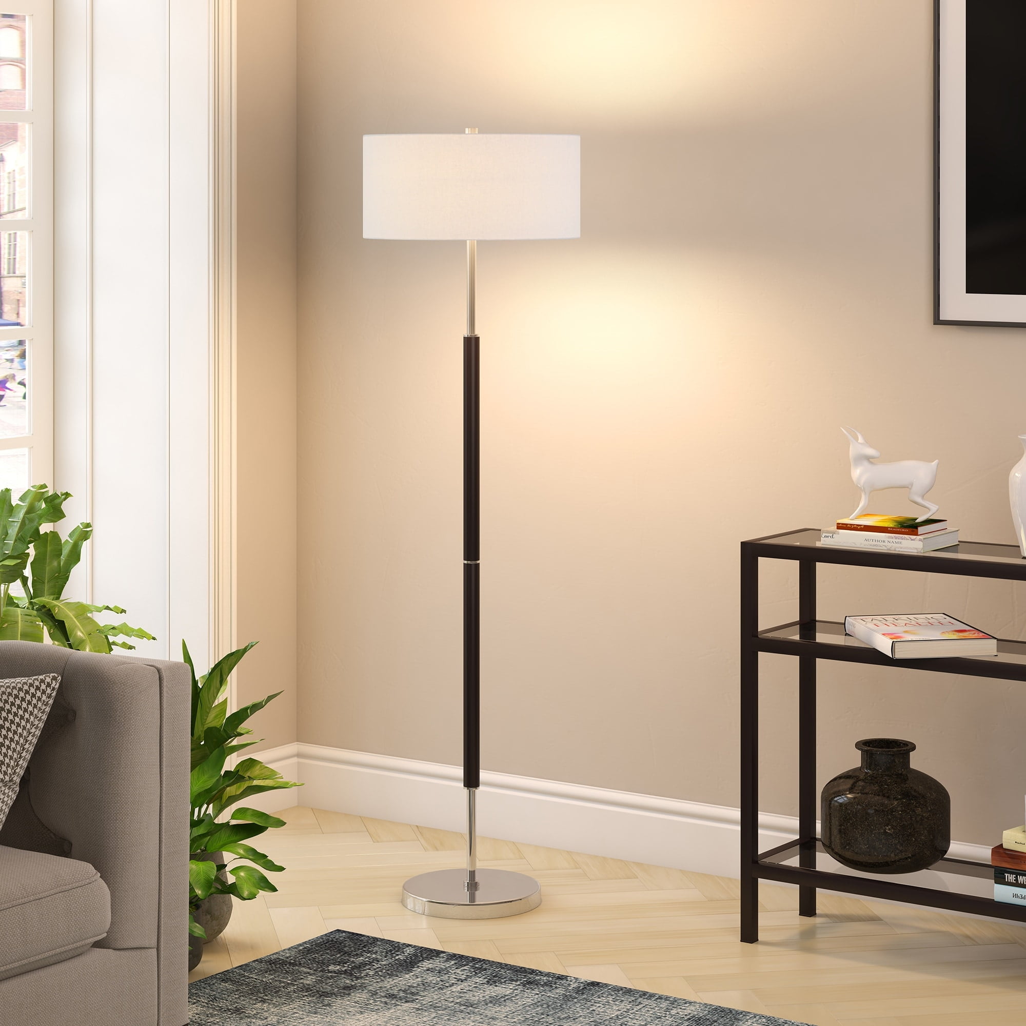 Evelyn&Zoe Simone 2-Light Floor Lamp with Fabric Shade, Rustic Oak/Brass/White