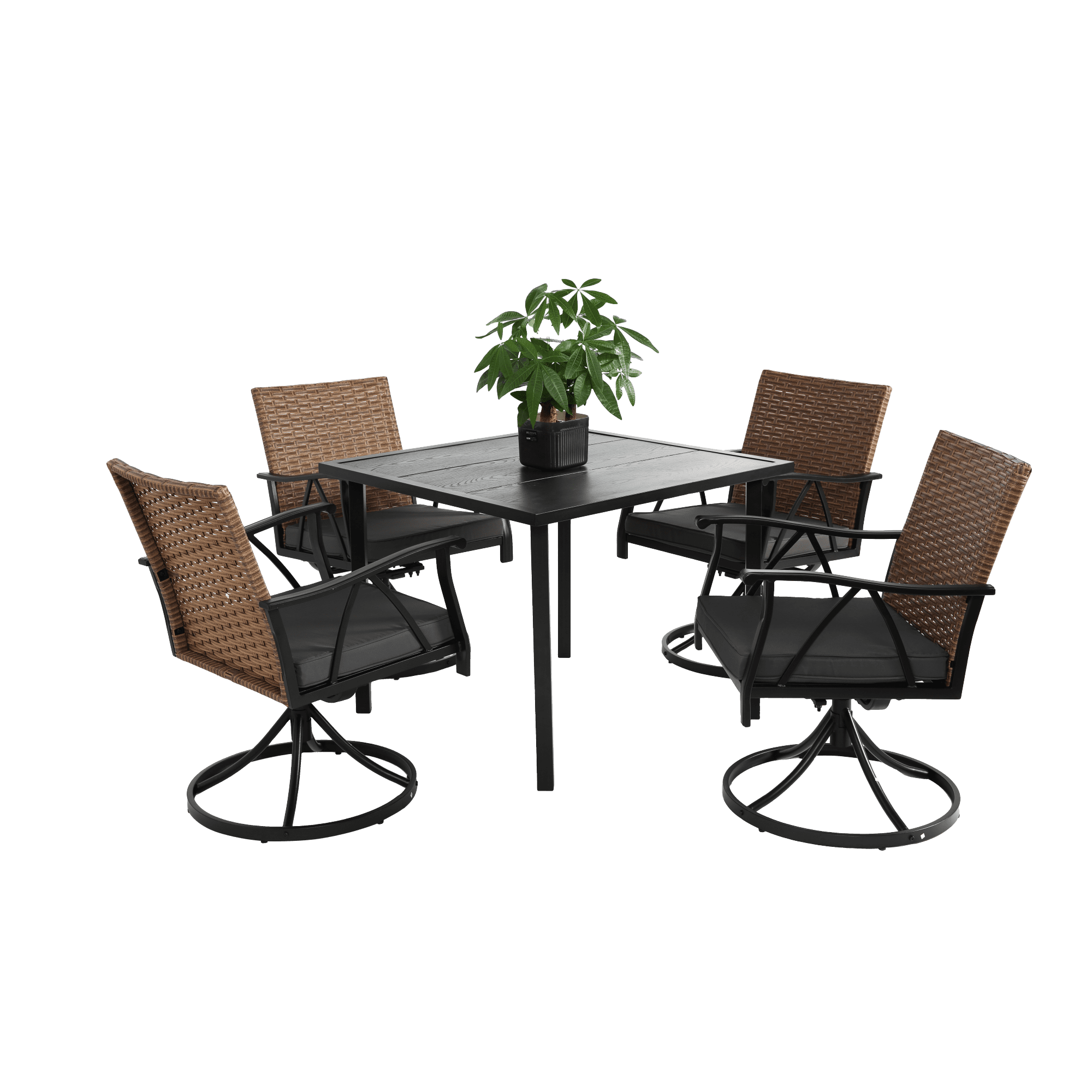 5 Piece Patio Dining Set,Outdoor Wicker Furniture Set with 4 Cushions Swivel Rocker Chairs,Steel Table Top,Removable Cushions for Backyard Garden Deck Poolside,Brown+Gray