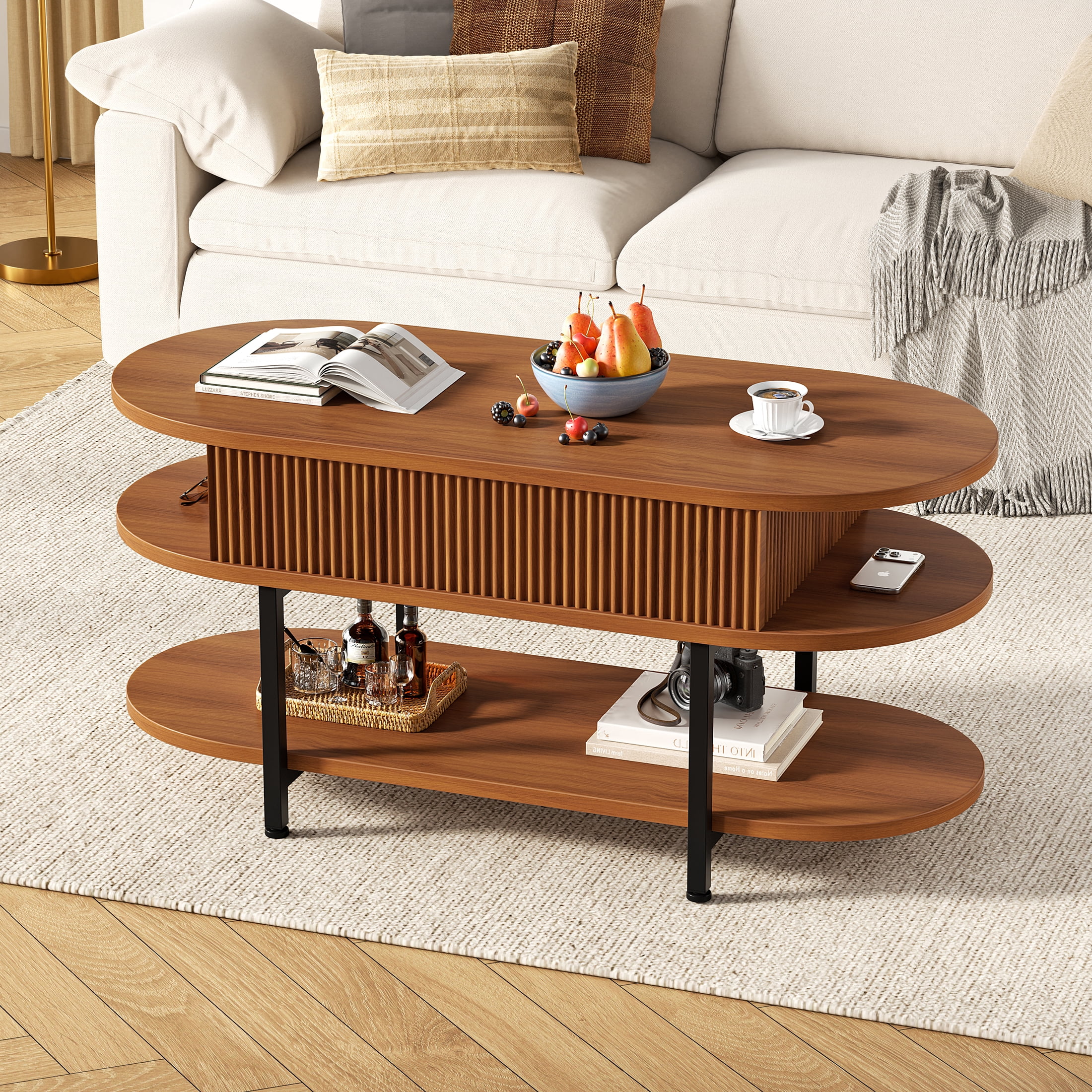 GUNAITO Lift Top Coffee Table with Storage, Modern Farmhouse Center Table with Shelf 3 Tier for Living Room, Walnut
