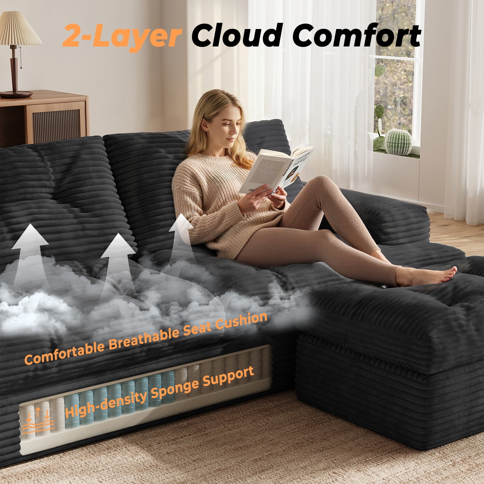 85" Modular Sectional Sofa for Living Room, L-Shaped Corduroy Cloud Couch with Ottoman, Two-Layer Cushion, No Assembly Boneless Sofa, Black