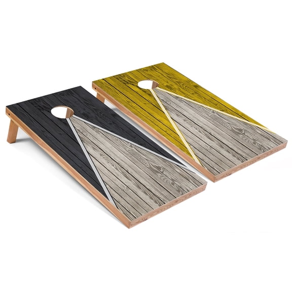 Skip's Garage | Dark Grey and Yellow Pyramid Cornhole Boards | Includes (2) Boards, (8) Bags & Optional Accessories