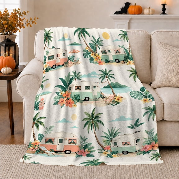 Tropical Retro Camper Beach Scene Whimsical Illustration Of, Rustic Camping Scene, Warm Flannel Blanket for Cabin and Lodge, Outdoor Lovers Camping Gift, Rustic Home Decor