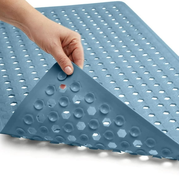 Gorilla Grip Patented Bath Tub Shower Mat, 35x16 Washable Bathtub Floor Mats, Suction Cups and Drain Holes to Keep Tubs Clean, Sky Blue Opaque