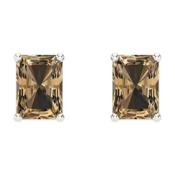 2 ct Screw-Back Stud Earrings for Women | 7x5mm Emerald Cut Simulated Champagne Diamond | 18K White Gold