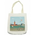 thumbnail image 1 of City Tote Bag, Illustration of Seaside Promenade in Stockholm Sweden View of the Town Hall Bicycle, Cloth Linen Reusable Bag for Shopping Books Beach and More, 16.5" X 14", Cream, by Ambesonne, 1 of 2