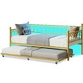 thumbnail image 4 of Memoryfield Twin Daybed with Trundle, Metal Bed Frame with Charging Station & LED Lights, Steel Slat Support for Living Room, Guest Room & Small Spaces, Gold, 4 of 10