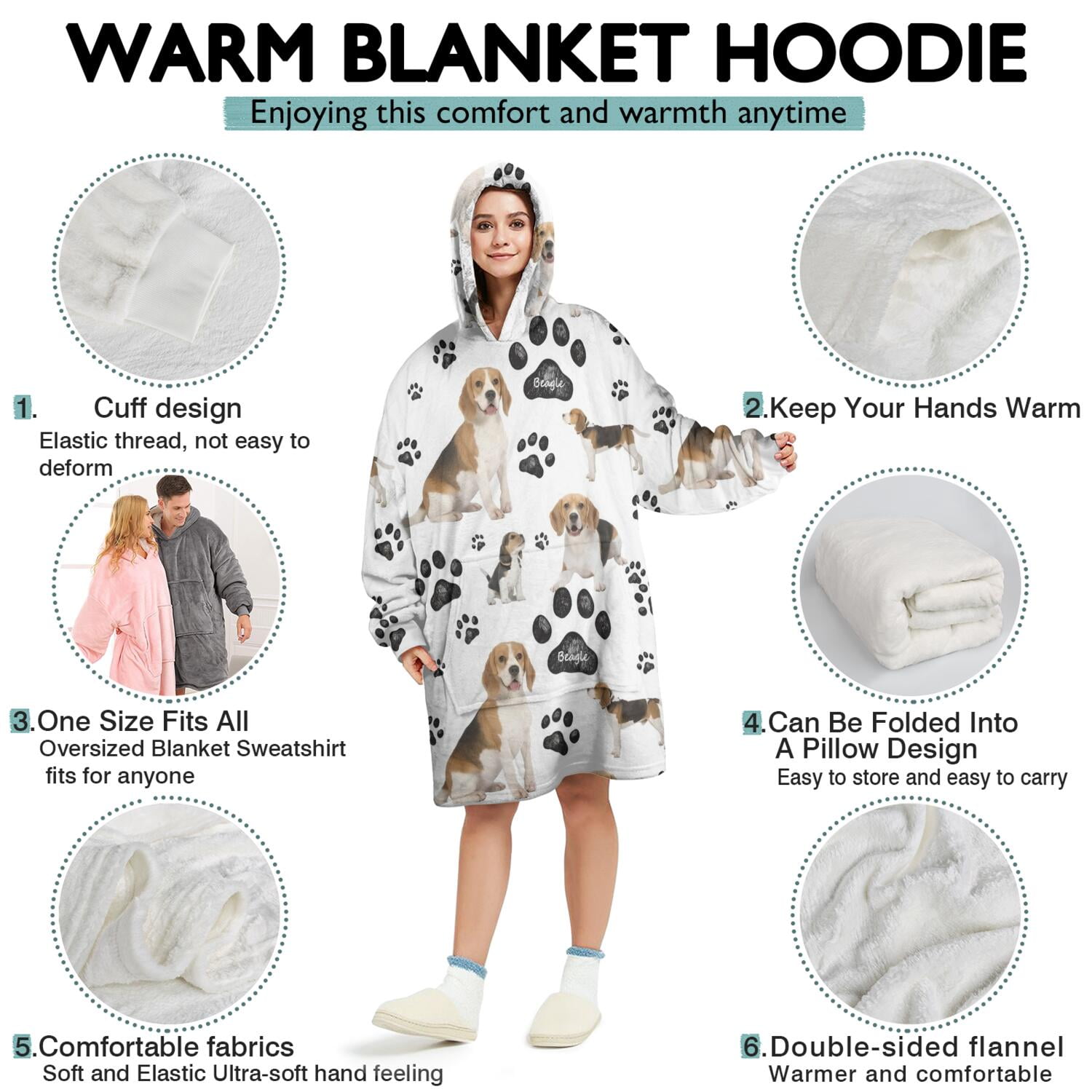 Beagle Dog and Footprints Wearable Oversized Blanket,Wearable Blanket Hoodie for Adults,Cozy Hooded Blankets with Super Pockets,Super Warm Fuzzy Pullover for Women & Men