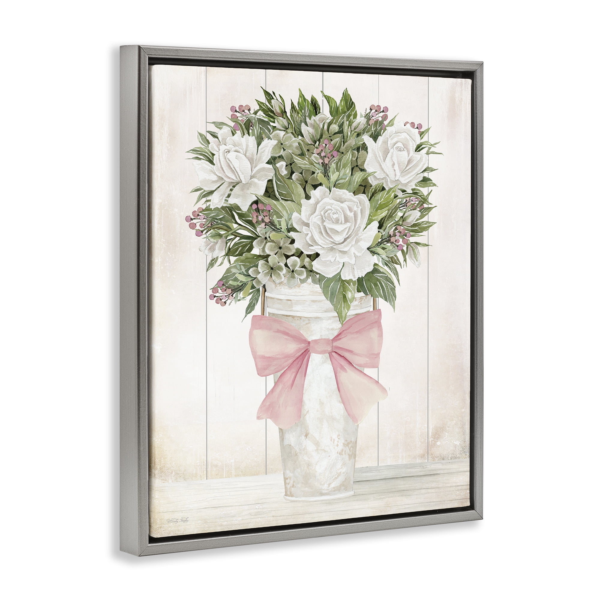 Stupell Industries Pretty In Pink Roses & Bow Gray Framed Floater Canvas Wall Art, design by Cindy Jacobs