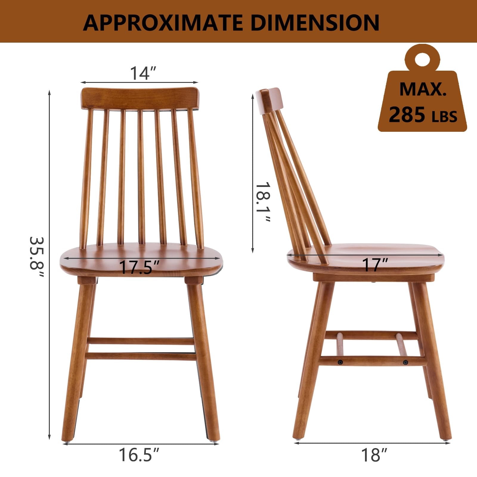 Farmhouse Dining Chairs Set of 2, Mid Century Modern Spindle Back Wooden Dining Room Chairs for Kitchen & Living Room, Walnut