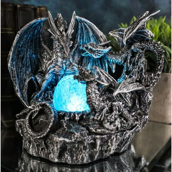 Mother Dragon With Baby Wyrmlings Guarding LED Crystal Egg Night Light Figurine