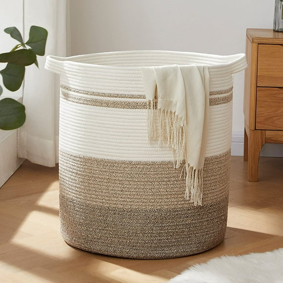 OIAHOMY Cesta de lavandería de 80 L con asas, cesta decorativa para sala de estar, cesta de almacenamiento tejida para juguetes, almohadas, mantas, ropa, 20 x 18 pulgadas, color amarillo degradado