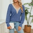 thumbnail image 5 of BLVB Womens V Neck Lace Crochet Fall Long Sleeve Tee Shirts Knit Ribbed Tops Fashion Clothes Tunics Blouses Dark Blue, 5 of 7