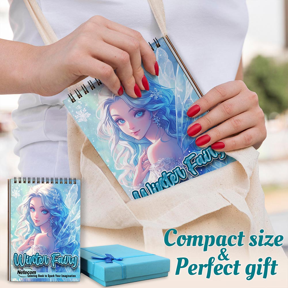 Netecom Winter Fairy Coloring Book for Adults, A5 Wooden Cover, 30 Stunning Portraits Coloring Pages of Beautiful Winter Fairies for Stress Relief and Relaxation, Spiral Bound Edition