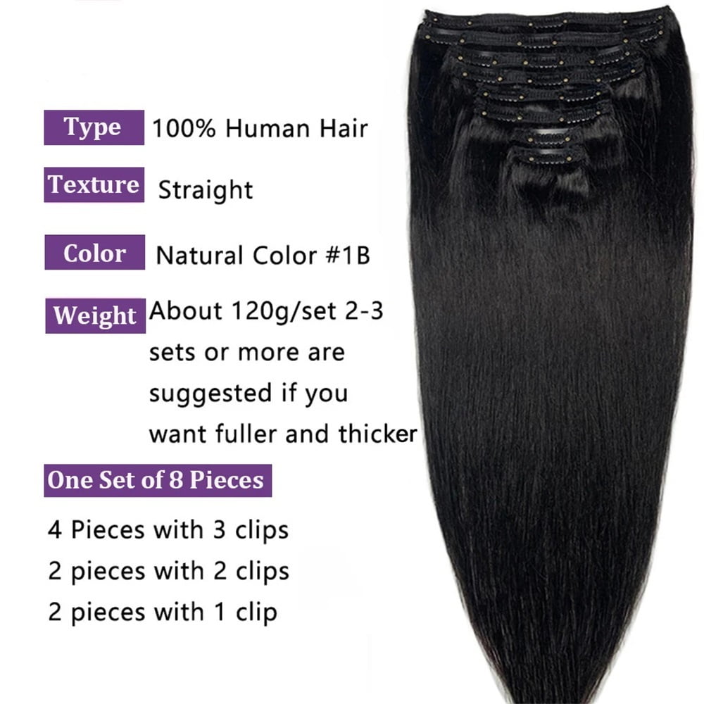 Straight Clip In Hair Extensions Natural Human Hair #1b 120g Full Head Set Clip Ins