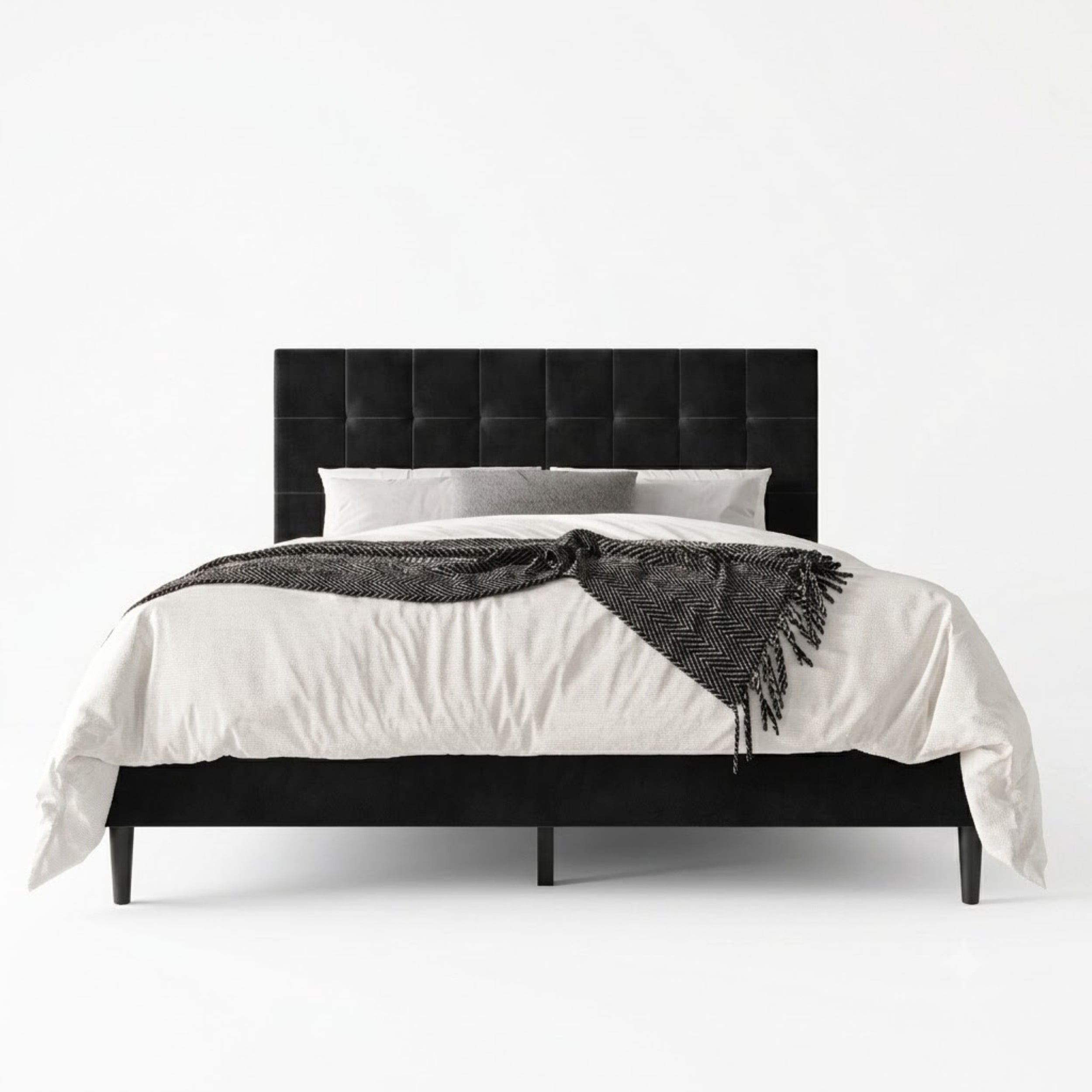 Home Design Marion Full Tufted Upholstered Platform Bed Frame with Tufted Headboard and Plush Padding, Black, Easy Assembly