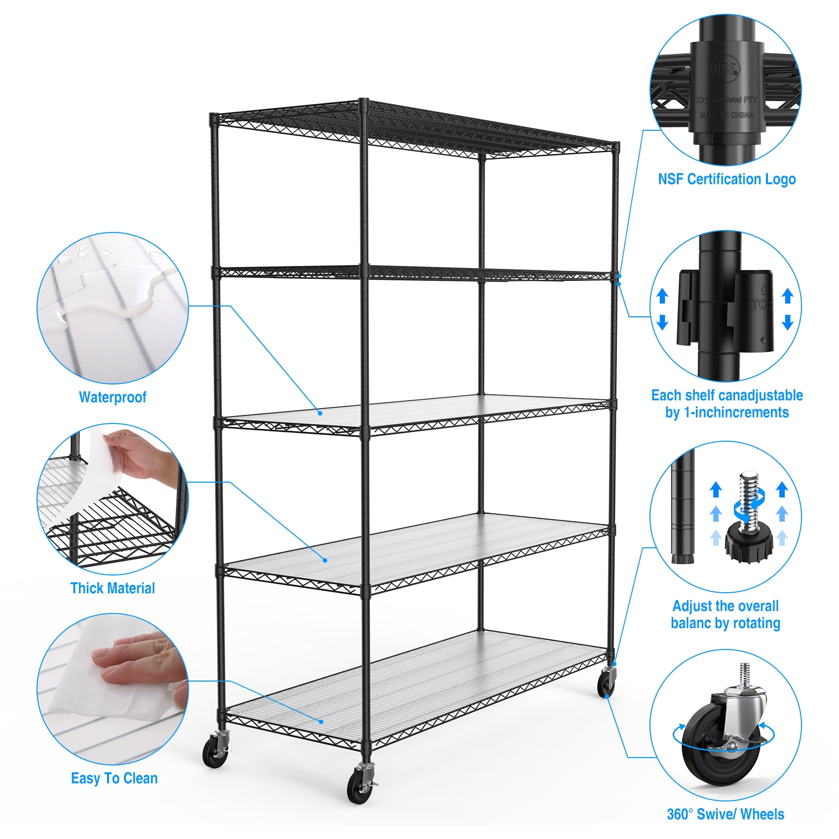 Miniyam 5 Tier 7500lbs Capacity Heavy Duty Adjustable Storage Rack, NSF Metal Shelf Wire Shelving Unit for Commercial Grade Utility Steel Storage Rack, Black