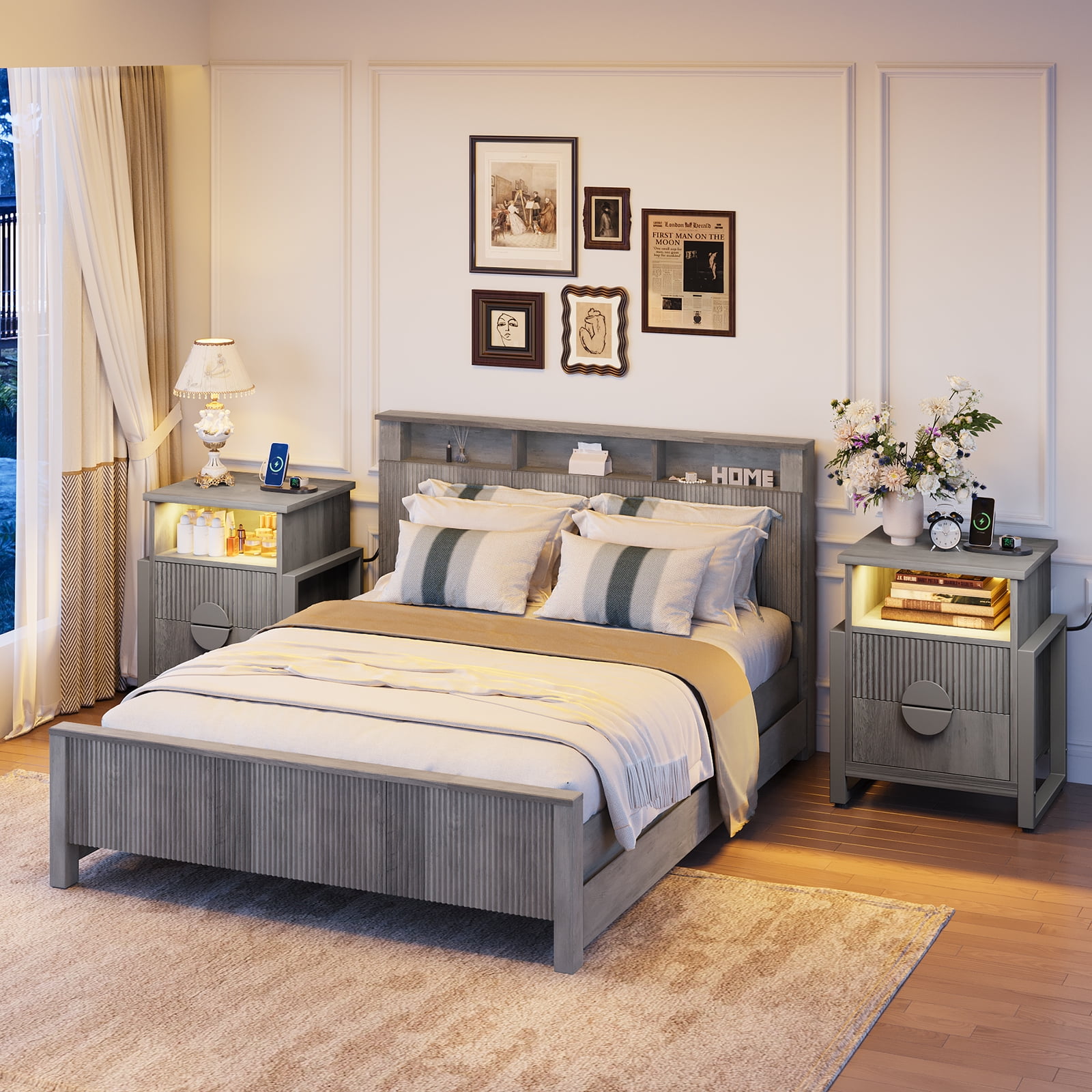 Holliwill Nightstand with Charging Station Set of 2, 2 Drawer Dresser for Bedroom with LED Light, Fluted Bedside Table End Table Side Table for Living Room, Gray