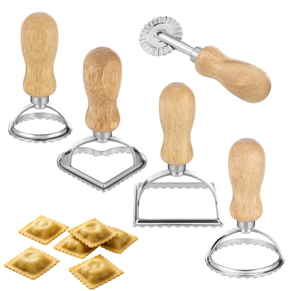 5 Pcs Ravioli Cutter Set, Zinc Alloy Dumpling Press with Wooden Handle, Pastry Wheel & 4 Shape Cutters, Ideal for Pierogi, Empanada, Cookies