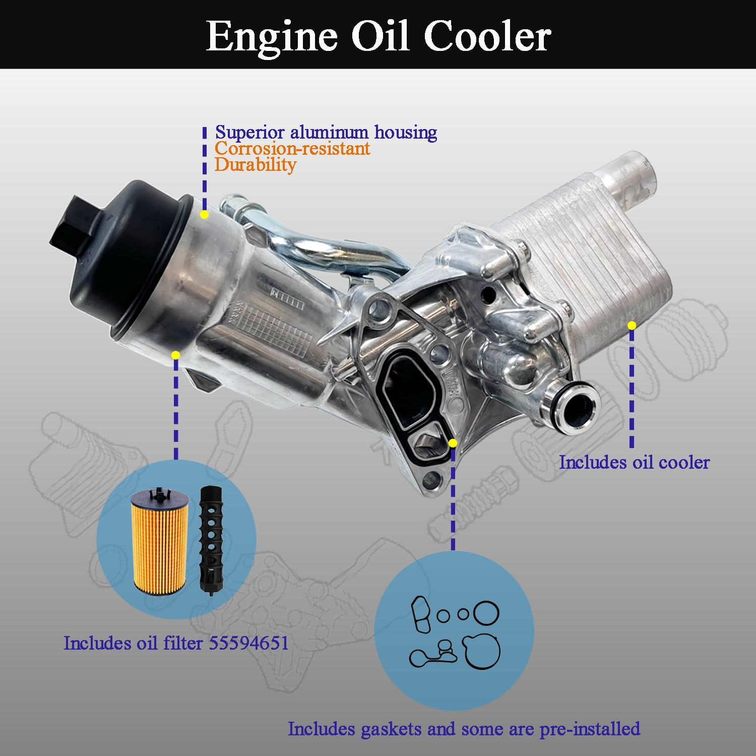 Aluminum Engine Oil Cooler Filter Housing Assembly Compatible with 2011-2021 Chevy Cruze Sonic Trax Buick Encore 1.4L Turbo Replaces 55566784 918-428 55565388 with Gasket, Filter Insert, Cap