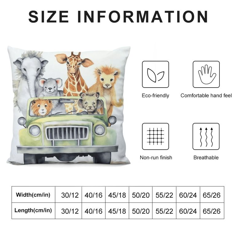 Set Of 4 Cartoon Animal Pillow Covers - Lion, Elephant, Giraffe Designs For Kids Room, Classroom, 18x18 Inches
