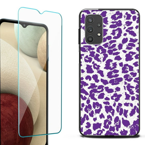 Slim-Fit Flexible TPU Gel Phone Case (black) for Samsung Galaxy A32 5G, with Tempered Glass Screen Protector, by OneToughShield ® - Cheetah Purple
