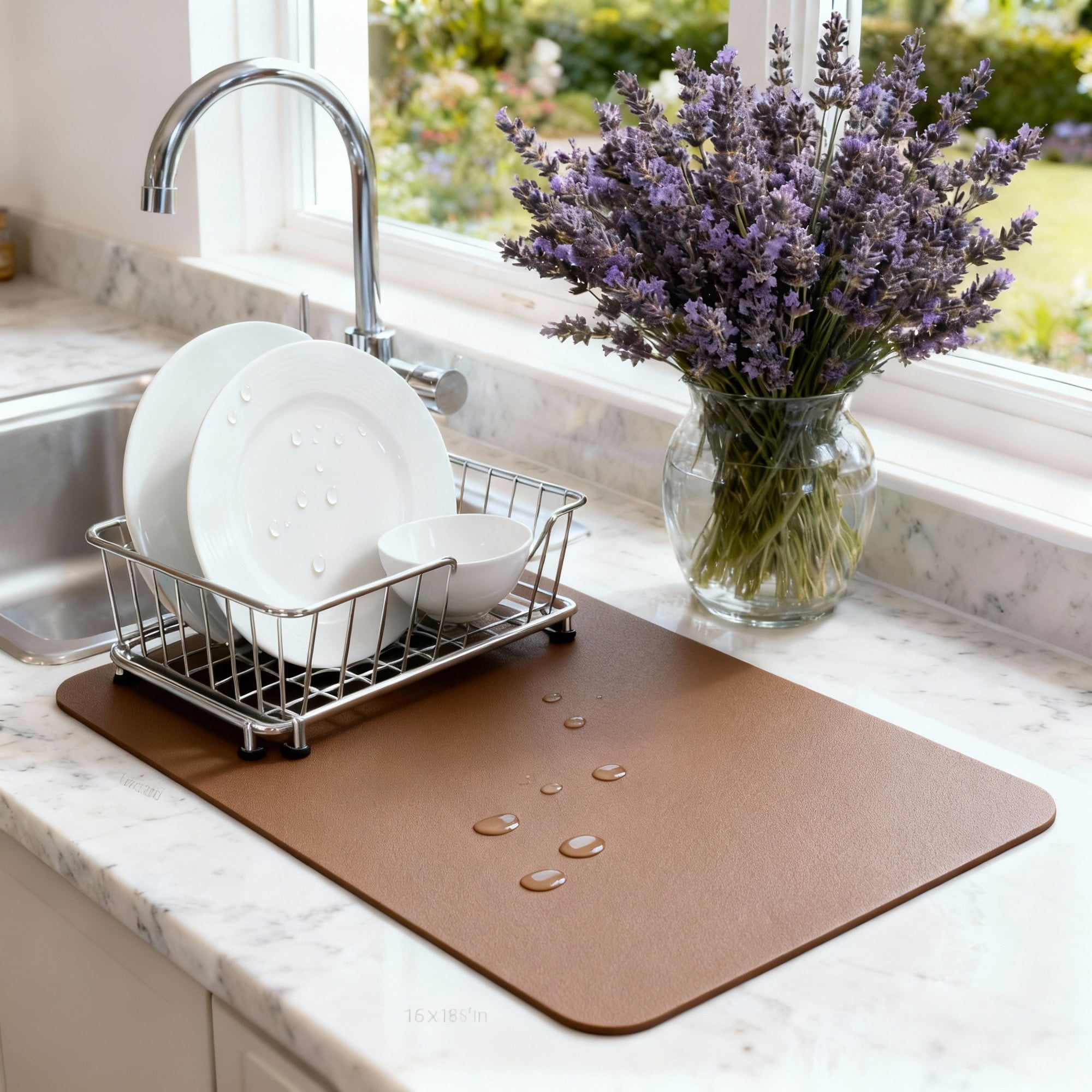 STRABELLA: Dish Drying Mat - 16x18", Brown - Super Water Absorbent, Quick Dry Foam, Multi-Purpose, Kitchen Countertops, Non-Slip, Machine Washable