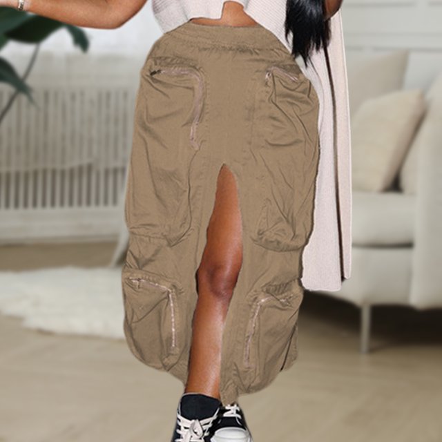 Falda Cargo Falda de carga para mujer Falda diaria elástica Traje de calle con abertura frontal (Caqui XL) Cgtredaw Para estrenar