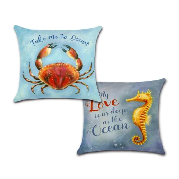 Set Of 2 Pillow Covers 18X18, Ocean Crab & Seahorse Designs Cotton Linen Fabric