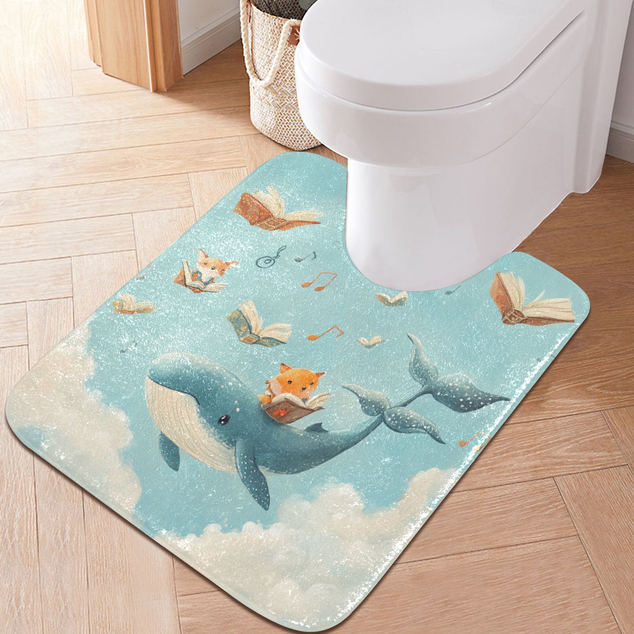 2 Piece Soft Bathroom Rug Set Fox and Whale Carrying Books Bath Mat and U-Shaped Toilet Contour Rug (16"x24"+20"x24")