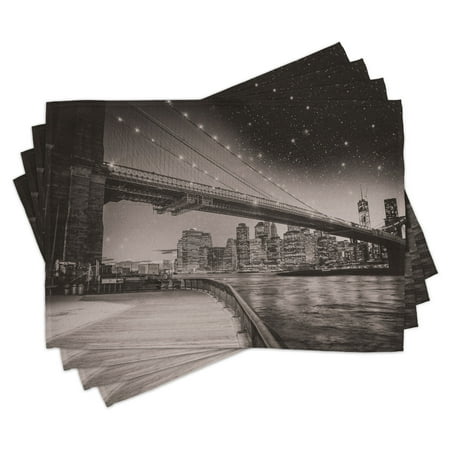 

New York Placemats Set of 4 Summer Night in Manhattan Brooklyn Bridge Park River Waterfront Modern City Washable Fabric Place Mats for Dining Room Kitchen Table Decor Dark Sepia Black by Ambesonne