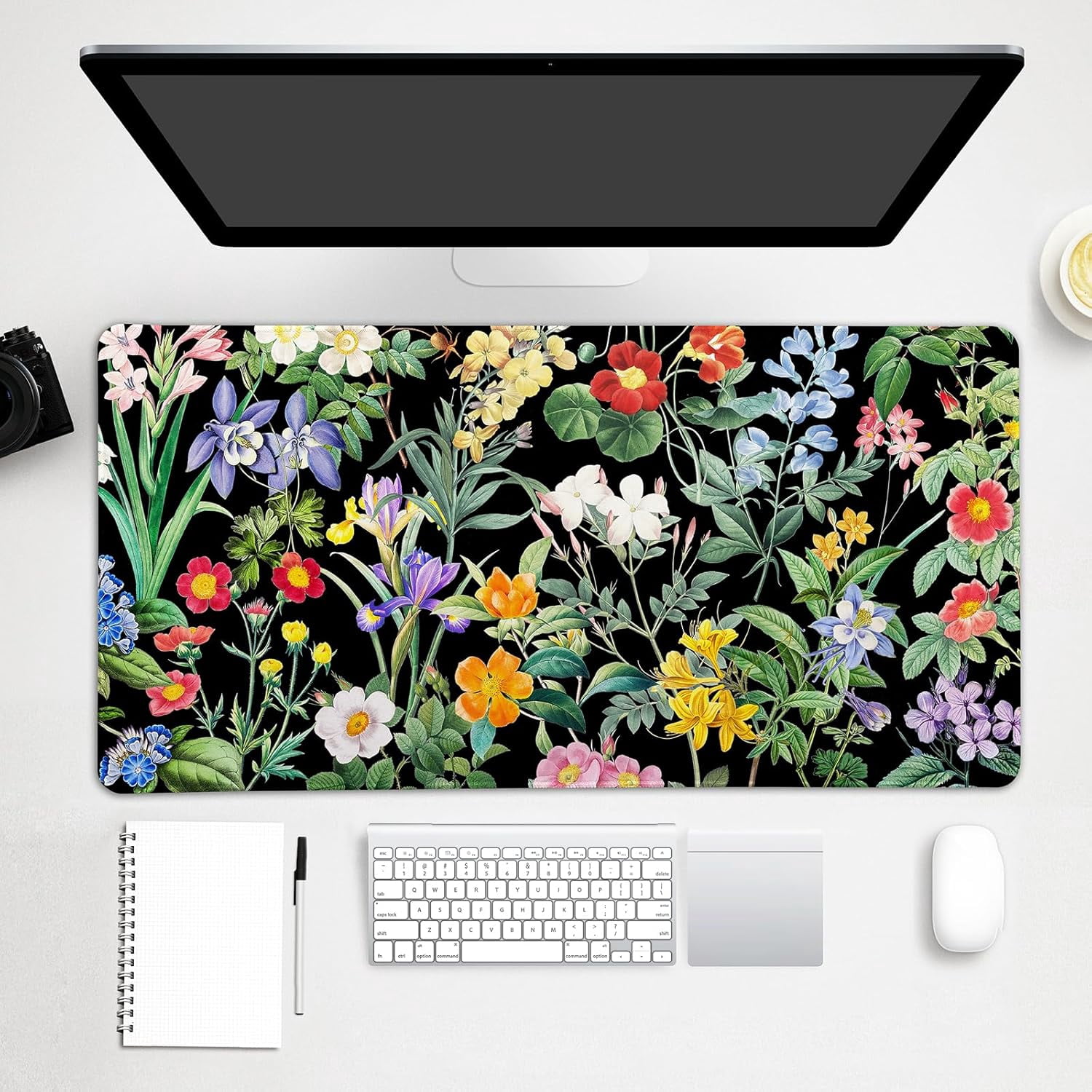 Black Flower Desk Mat Floral Plants Mouse Pad, Wildflowers Large Gaming Mousepad Desk Pad, XXL Keyboard MouseMat Full Desktop Mat Women Office Accessories 31.5"x15.7"
