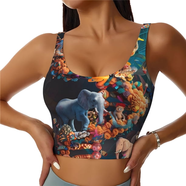 Fotbe Whimsical Animal Spiral Sujetador Deportivo Largo sin Aros para Mujer con Almohadillas y Soporte Medio, Transpirable y Absorbente, Camiseta Tipo Chaleco o Tank Top-Large