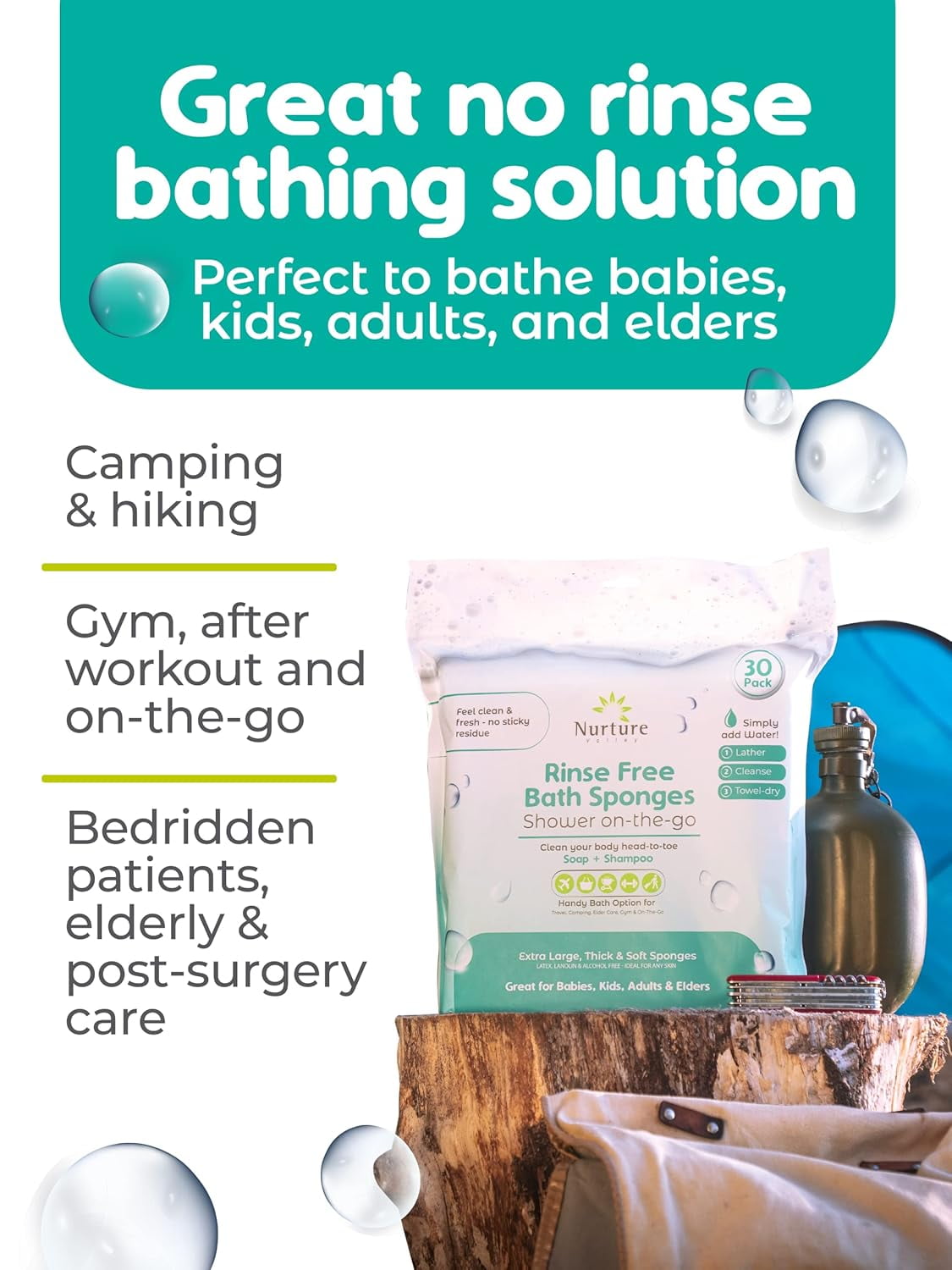 Nurture Sponge Bath Wipes, Large Disposable Wash Cloths for Adults, Seniors, & Bedridden, No Rinse Camping Travel Essentials, 90 Count