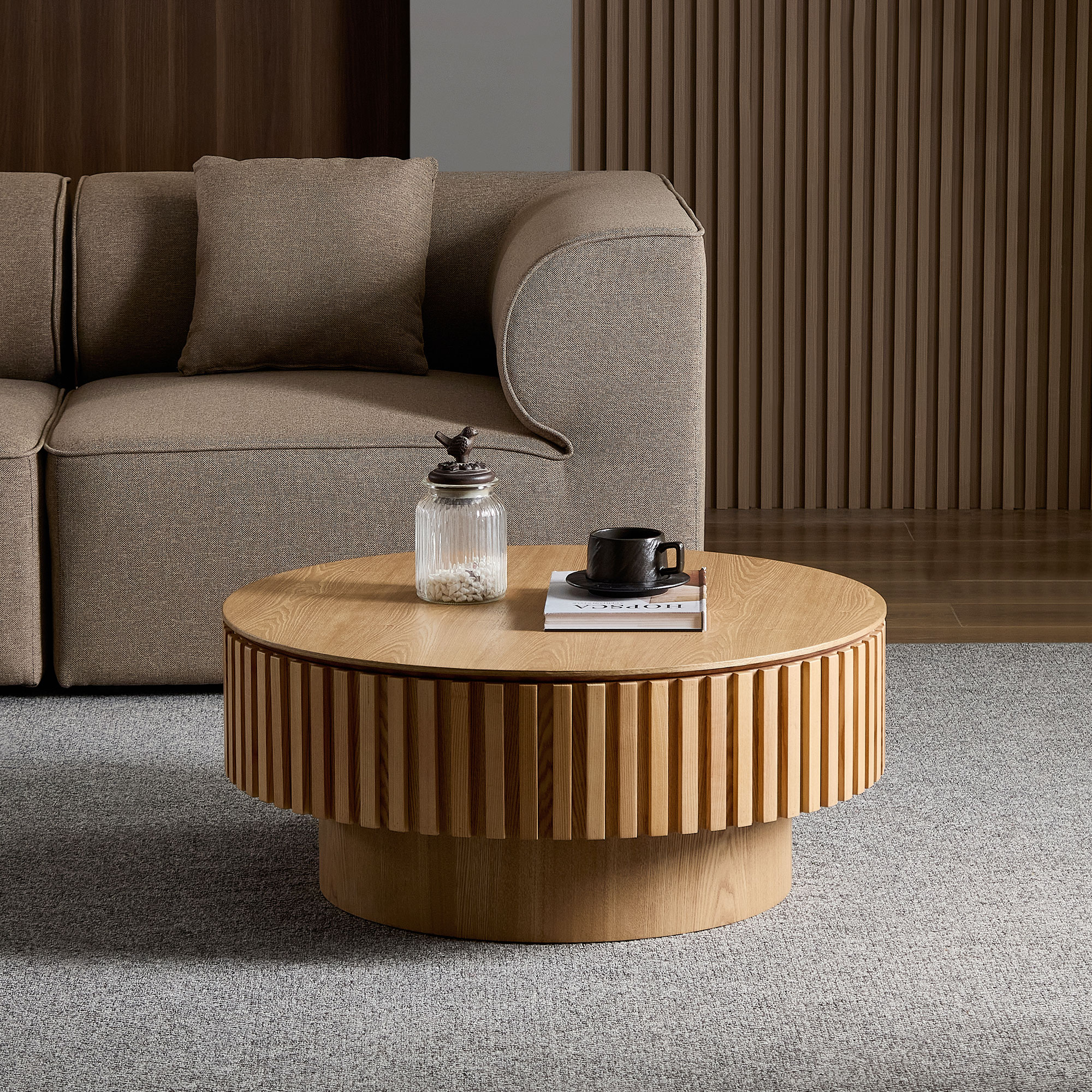FFH 31.5" Round Coffee Table with Storage, Small Wood Coffee Table with Sturdy Pedestal for Living Room, Apartment, Ash