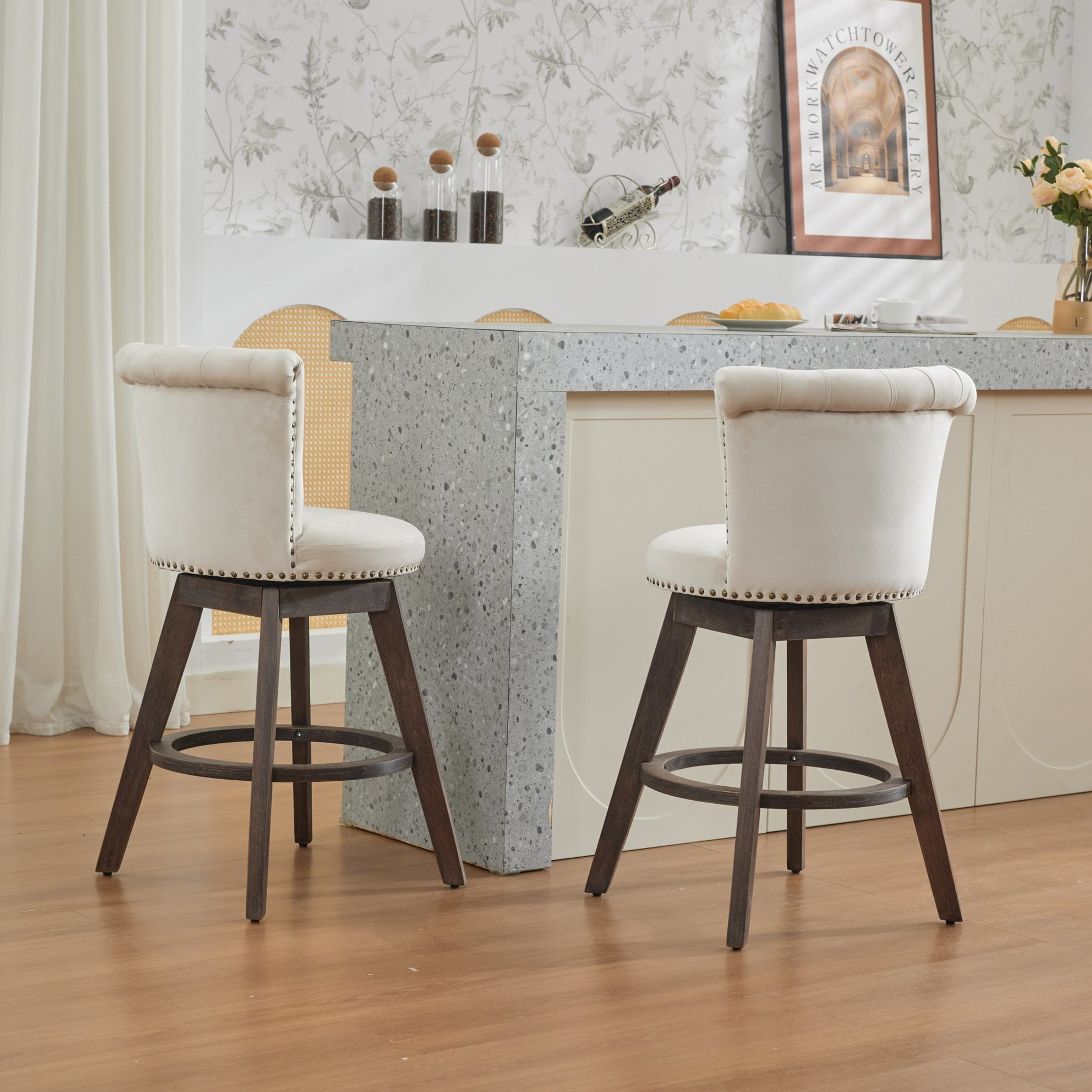 Noble House Set of 2 Counter Height Bar Stools, 360° Swivel Velvet Seats, Tufted Back, Beige