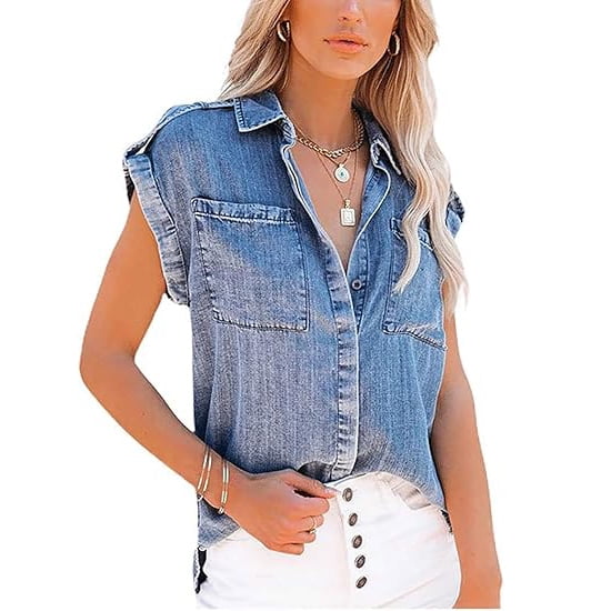 utcoco Women's Sleeveless Jean Shirts Casual Loose Denim Button Down Tops
