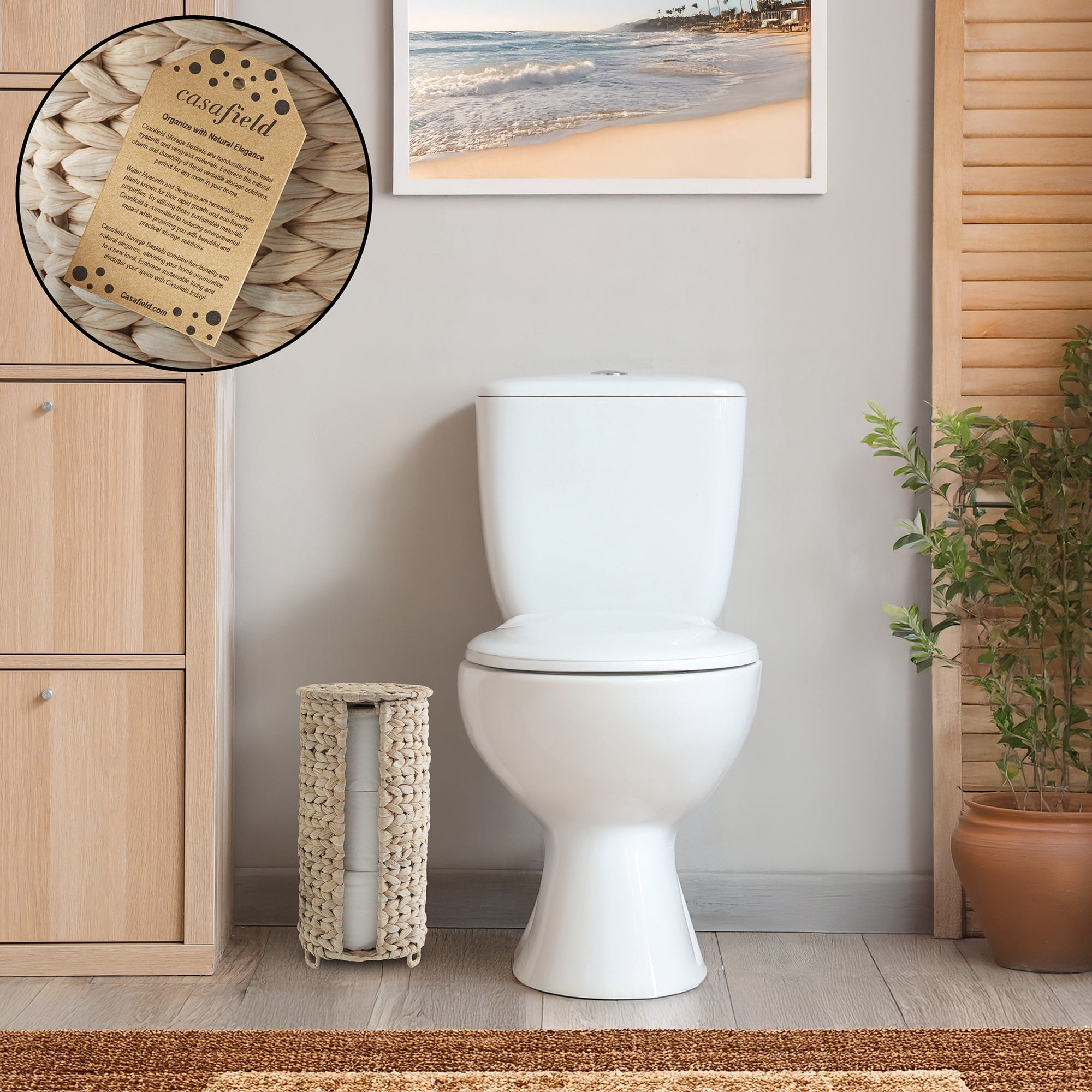 Casafield Toilet Paper Roll Holder with Lid - Whitewash, Fits 3 Rolls, Free Standing Water Hyacinth Bath Tissue Storage Organizer for Bathroom